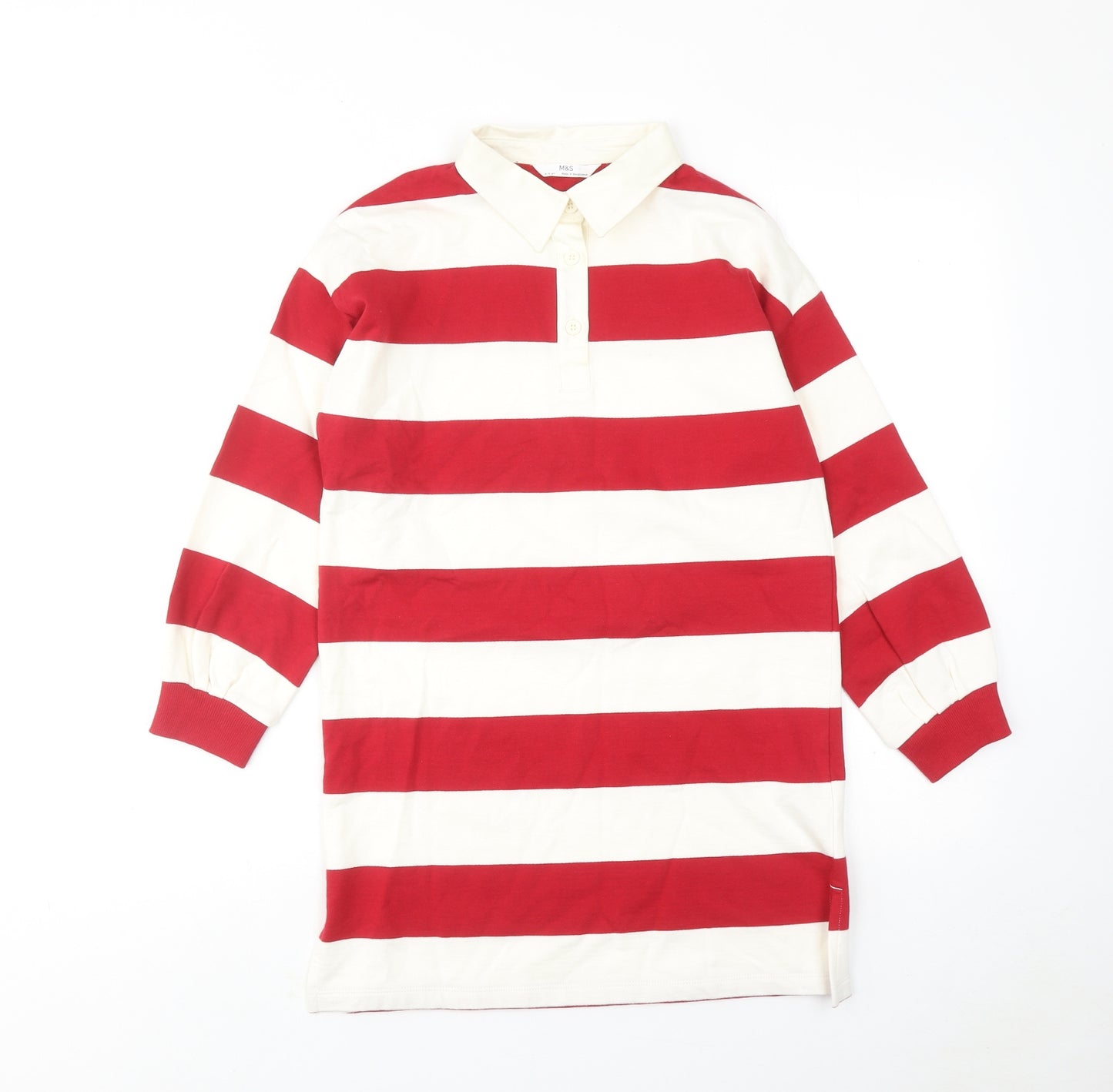 Marks and Spencer Girls Red Striped Cotton Jumper Dress Size 9-10 Years Collared Button
