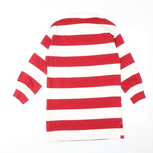 Marks and Spencer Girls Red Striped Cotton Jumper Dress Size 9-10 Years Collared Button