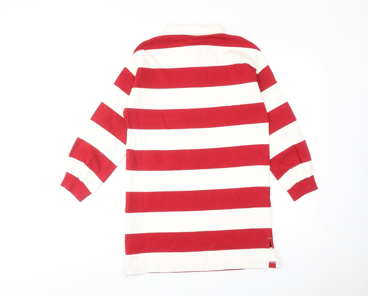 Marks and Spencer Girls Red Striped Cotton Jumper Dress Size 9-10 Years Collared Button