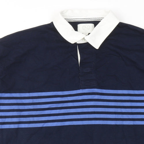 Marks and Spencer Mens Blue Striped Cotton Polo Size M Collared Button