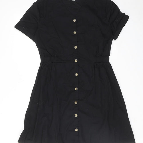 H&M Girls Black Cotton T-Shirt Dress Size 14-15 Years V-Neck Button