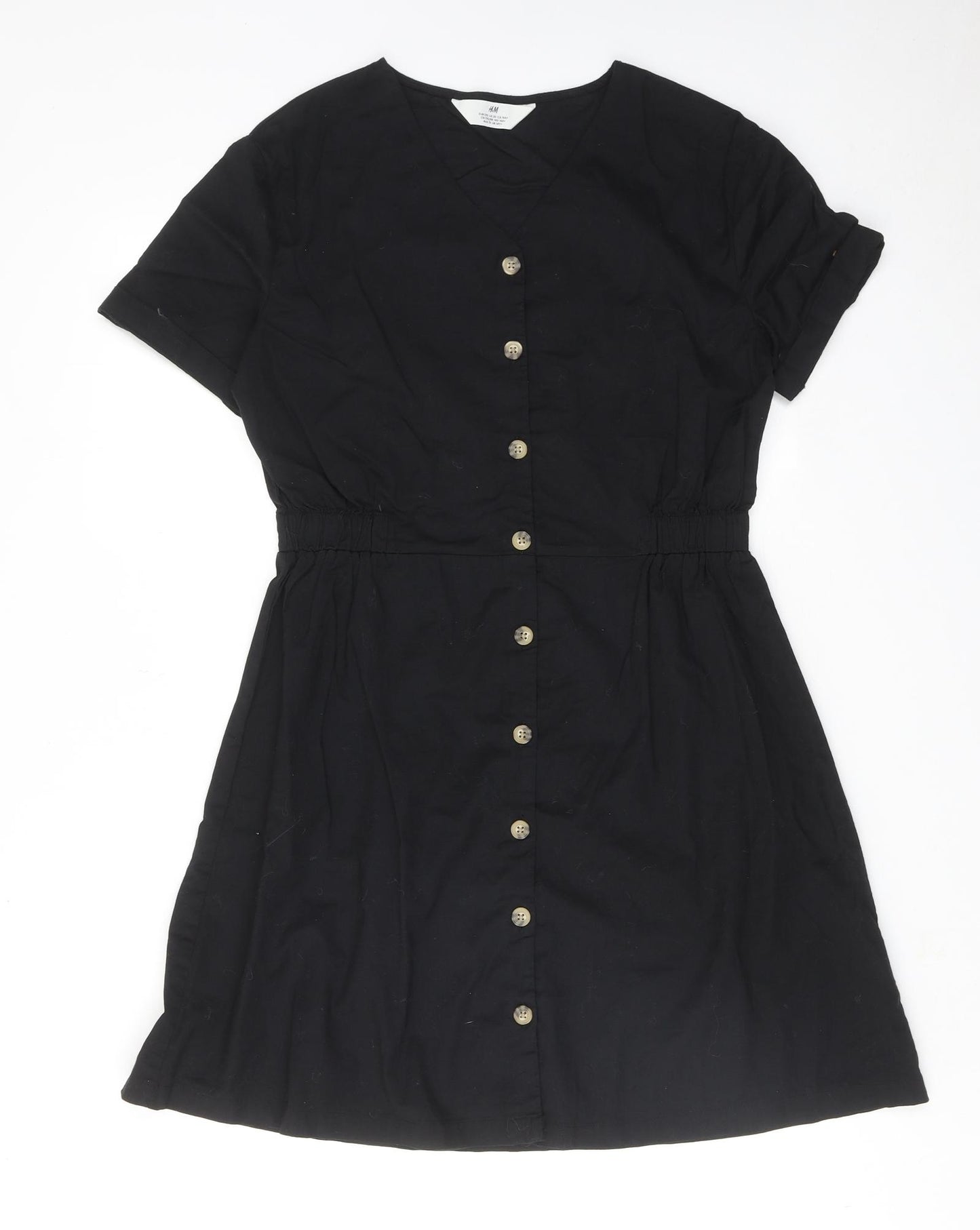 H&M Girls Black Cotton T-Shirt Dress Size 14-15 Years V-Neck Button