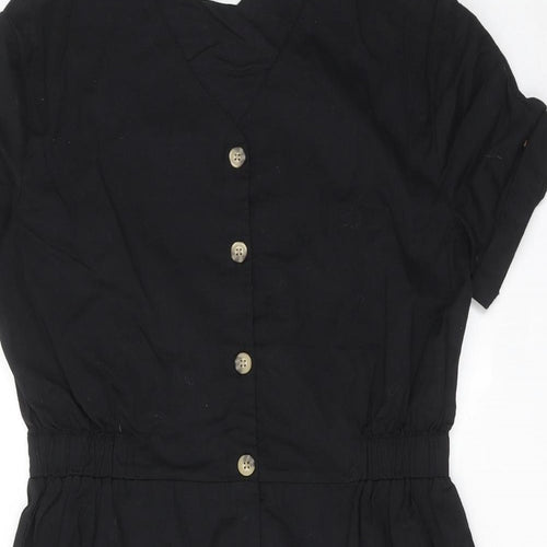 H&M Girls Black Cotton T-Shirt Dress Size 14-15 Years V-Neck Button