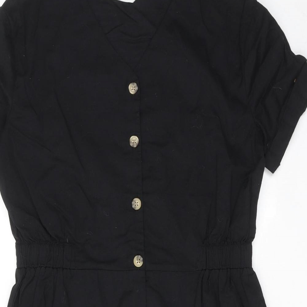 H&M Girls Black Cotton T-Shirt Dress Size 14-15 Years V-Neck Button