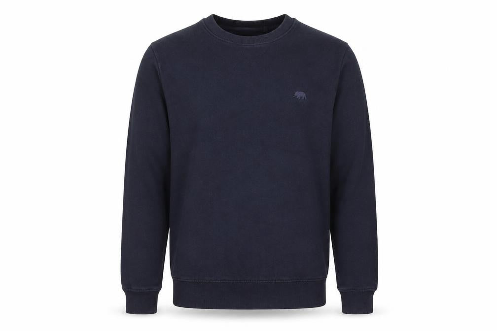 Front view of Ridge & Co men’s blue cotton pullover sweatshirt, size M