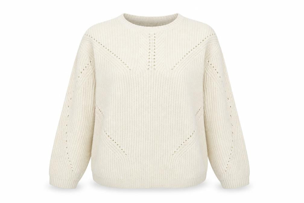 Front view of And/Or women’s beige round neck acrylic jumper, size UK 14