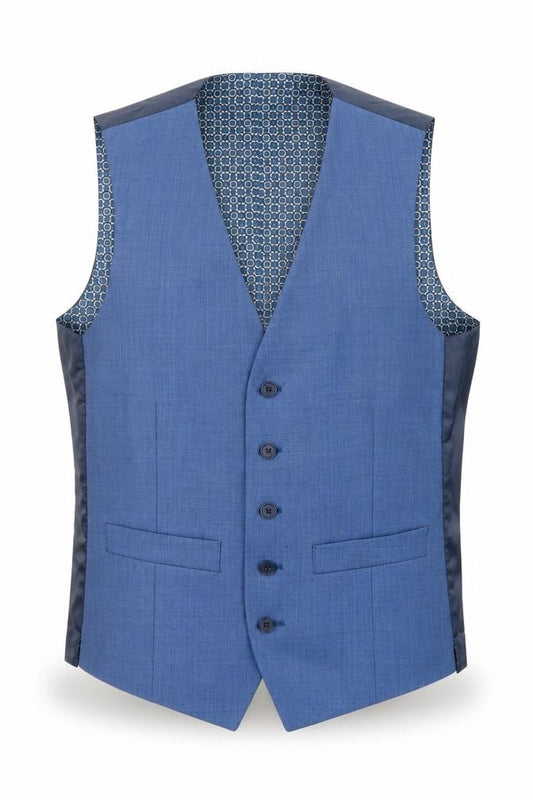 Front view of Racing Green men’s blue wool jacket suit waistcoat, size 36, regular