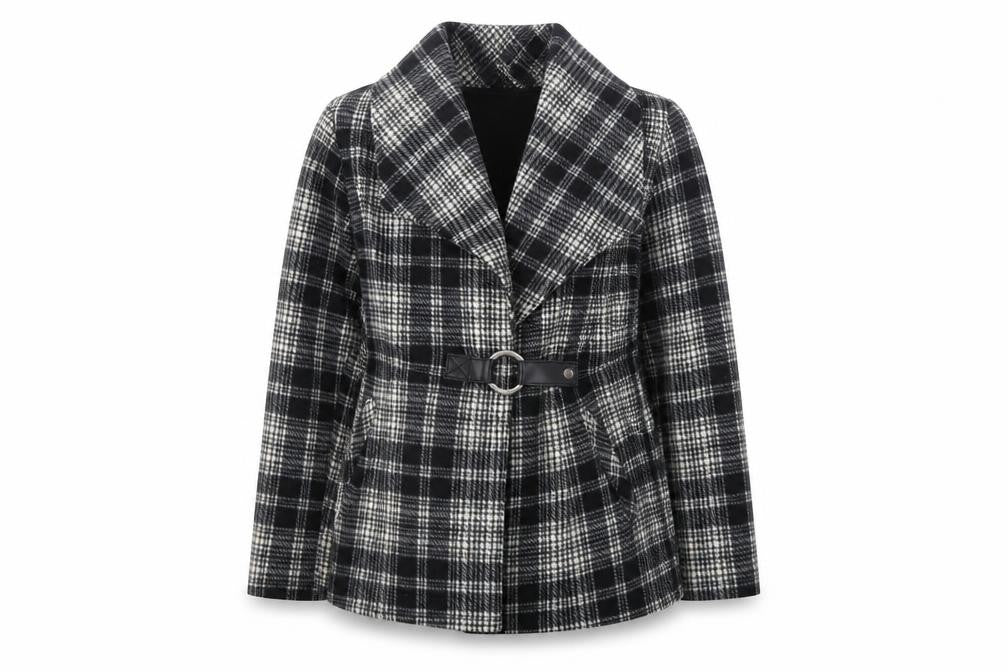 Front view of Barrage women’s black plaid jacket, size L, button