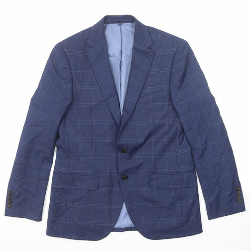 Marks and Spencer Mens Blue Plaid Polyester Jacket Suit Jacket Size 38 Regular