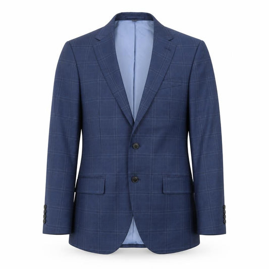 Front view of Marks & Spencer men’s blue plaid polyester jacket suit jacket, size 38, regular