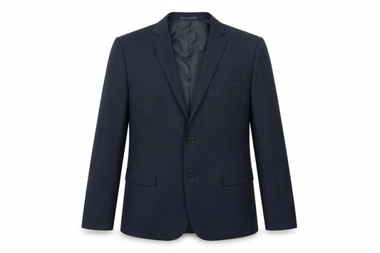 Front view of H&M men’s blue polyester jacket suit jacket, size 48, regular