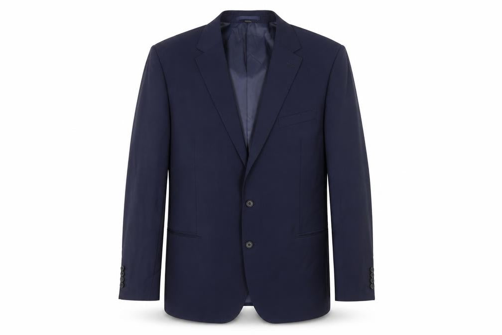 Front view of Marks & Spencer men’s blue polyester jacket suit jacket, size 48, regular