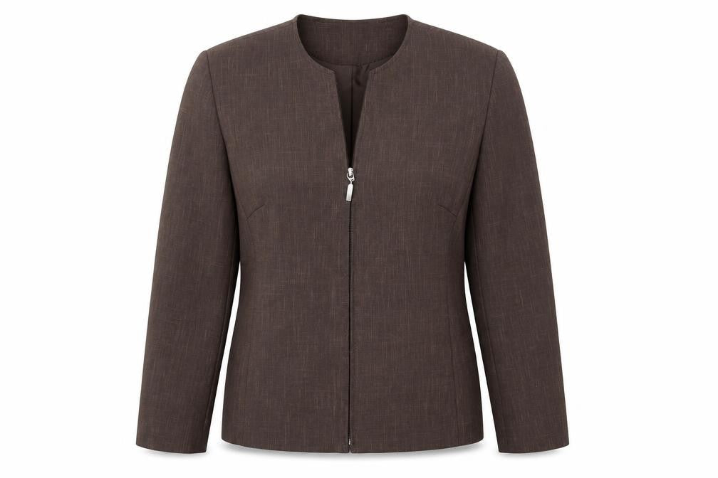 Front view of Berkertex women’s brown jacket blazer, size UK 12, zip