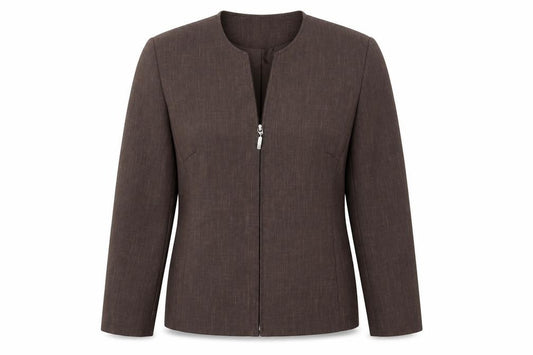 Front view of Berkertex women’s brown jacket blazer, size UK 12, zip