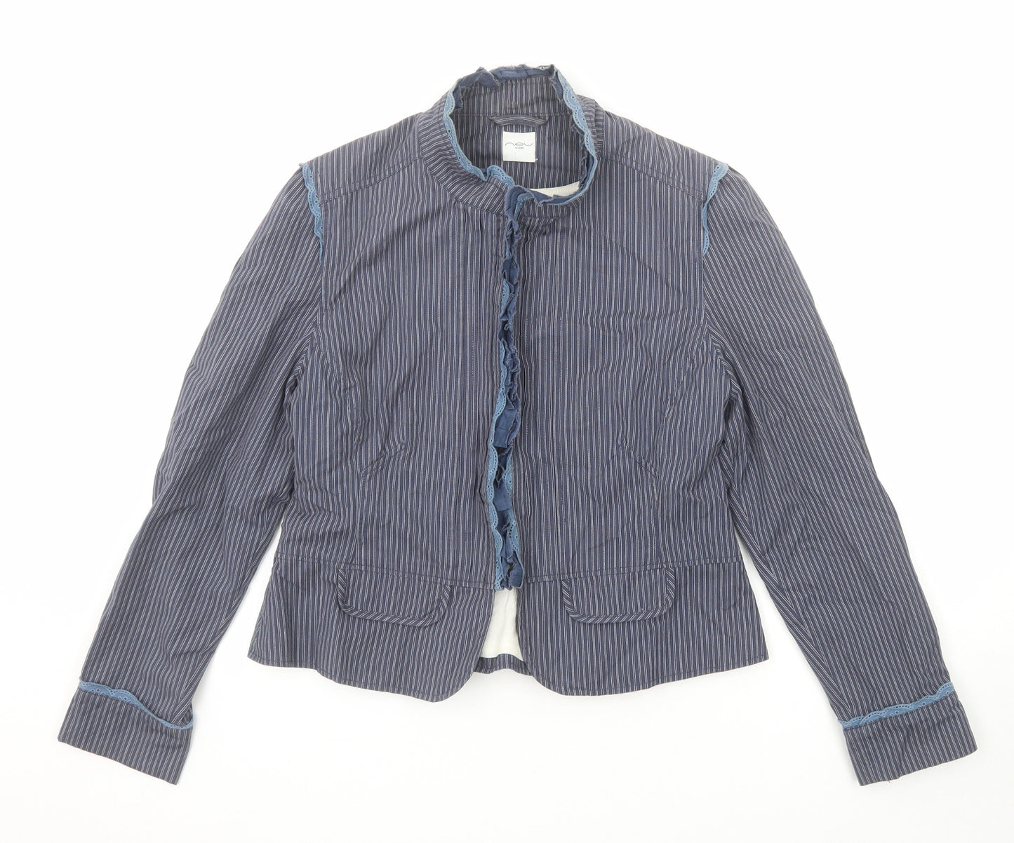New Look Womens Blue Striped Jacket Blazer Size 14 Hook & Eye - Peplum