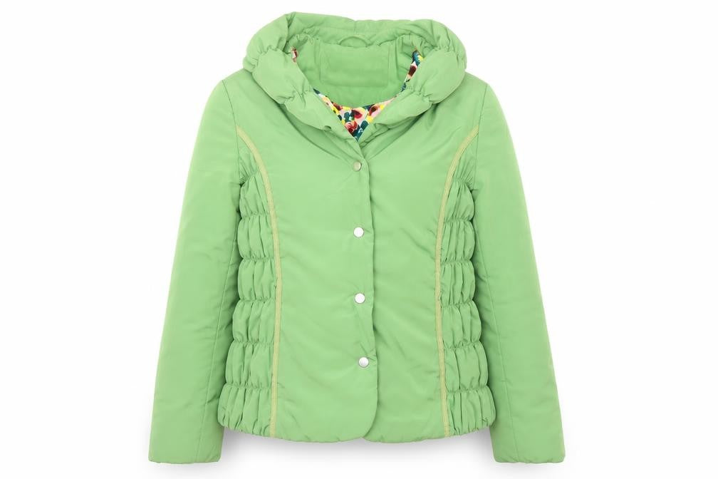 Front view of Per Una women’s green jacket, size UK 12, snap - ruched detail