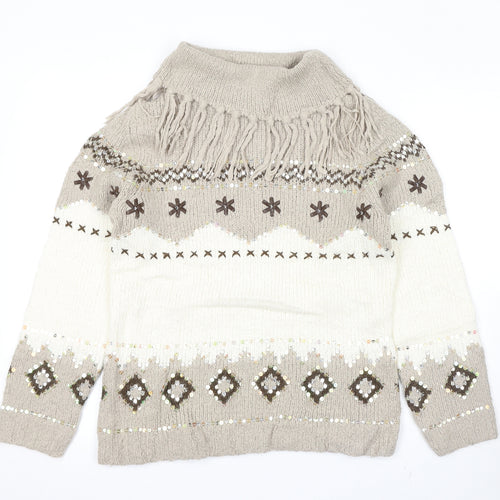Berkertex Womens Beige Roll Neck Geometric Acrylic Pullover Jumper Size 10 - Size 10-12
