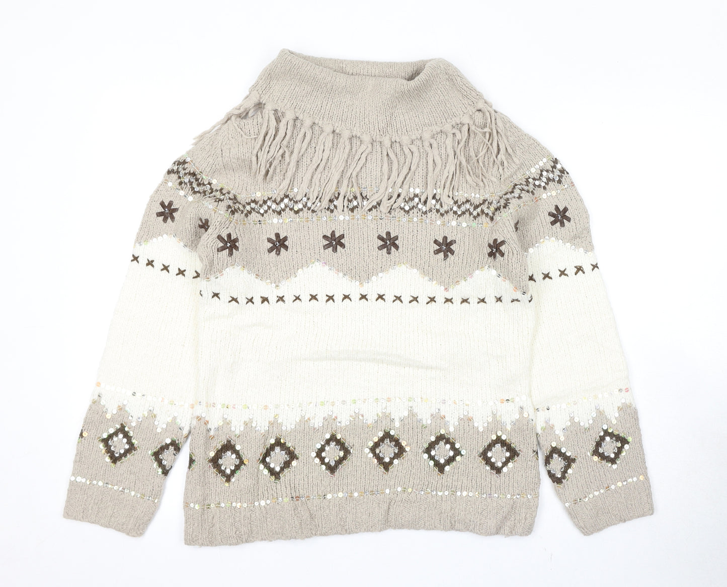 Berkertex Womens Beige Roll Neck Geometric Acrylic Pullover Jumper Size 10 - Size 10-12