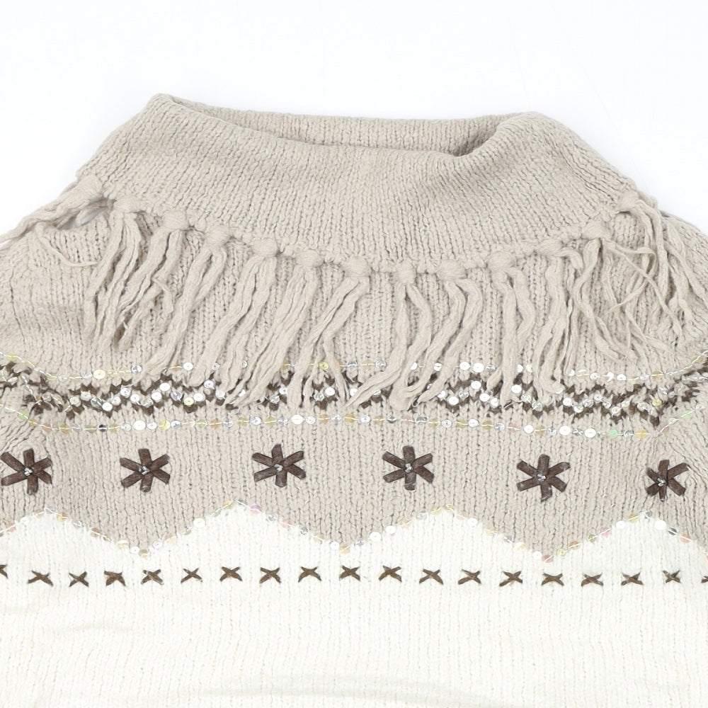 Berkertex Womens Beige Roll Neck Geometric Acrylic Pullover Jumper Size 10 - Size 10-12