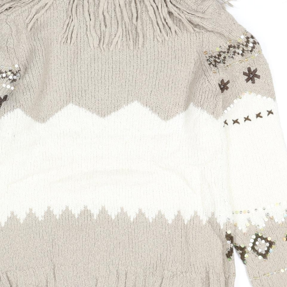 Berkertex Womens Beige Roll Neck Geometric Acrylic Pullover Jumper Size 10 - Size 10-12