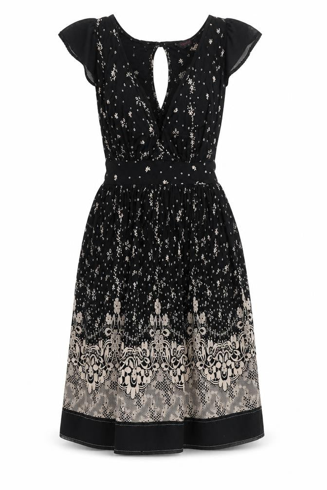 Front view of Miss Selfridge women’s black geometric polyester a-line, size UK 10, round neck pullover - open back