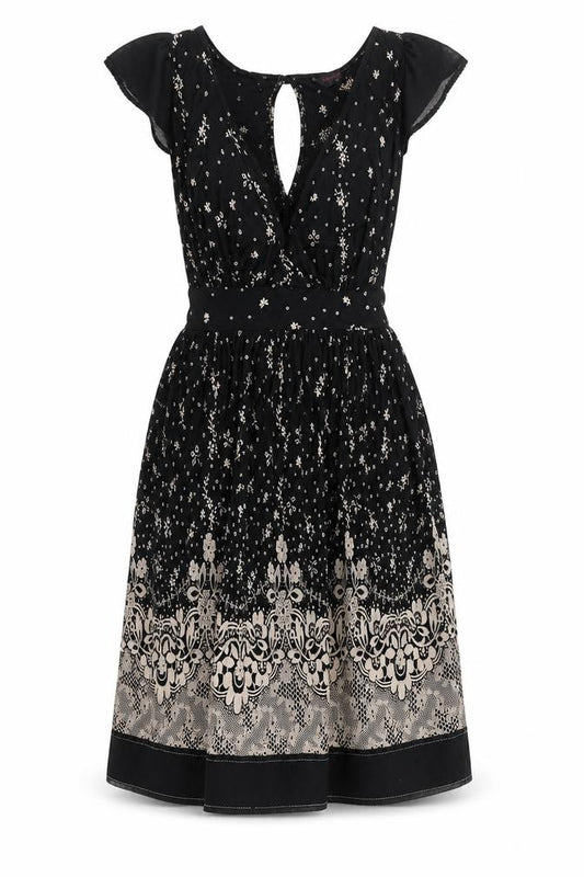 Front view of Miss Selfridge women’s black geometric polyester a-line, size UK 10, round neck pullover - open back