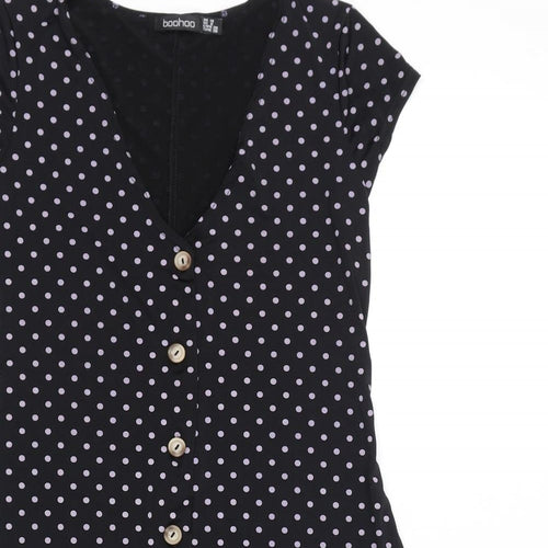 Boohoo Womens Black Polka Dot Polyester A-Line Size 10 V-Neck Button