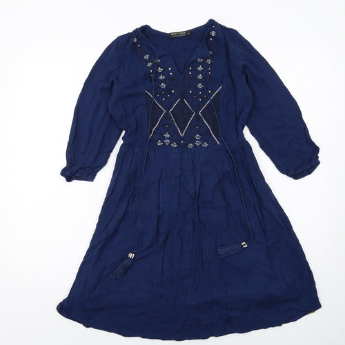 Body & Soul Womens Blue Geometric Viscose A-Line Size S V-Neck Pullover