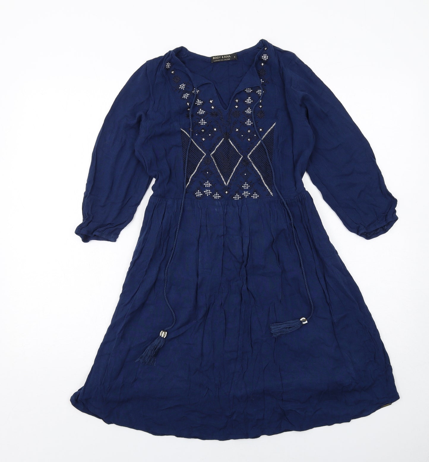 Body & Soul Womens Blue Geometric Viscose A-Line Size S V-Neck Pullover