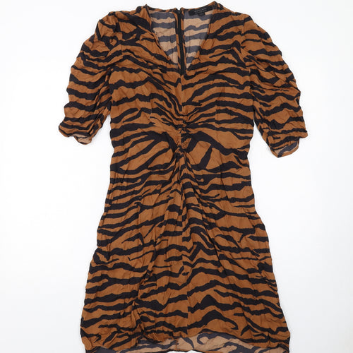 AllSaints Womens Brown Geometric Viscose A-Line Size 14 V-Neck Zip