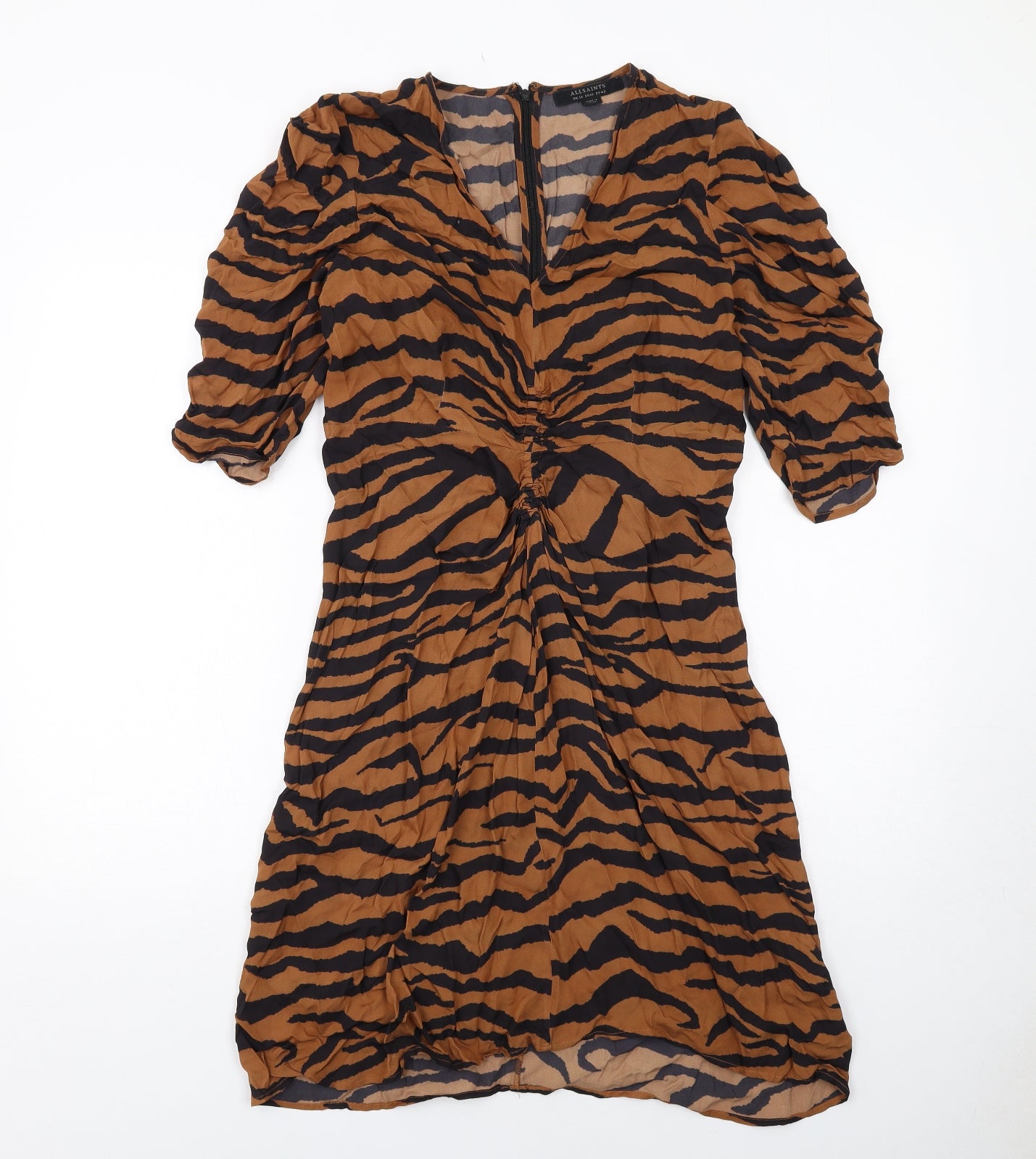 AllSaints Womens Brown Geometric Viscose A-Line Size 14 V-Neck Zip