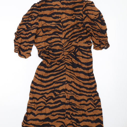 AllSaints Womens Brown Geometric Viscose A-Line Size 14 V-Neck Zip