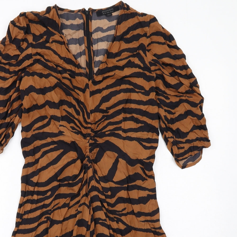 AllSaints Womens Brown Geometric Viscose A-Line Size 14 V-Neck Zip