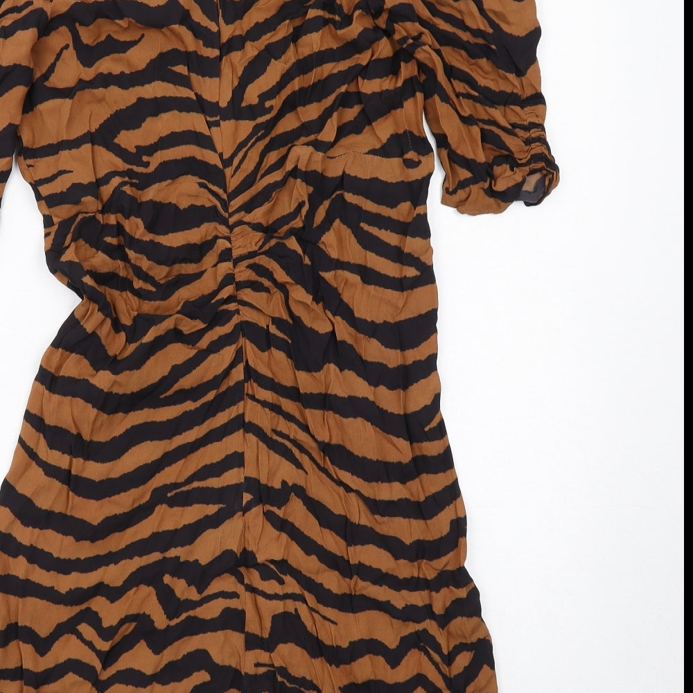 AllSaints Womens Brown Geometric Viscose A-Line Size 14 V-Neck Zip