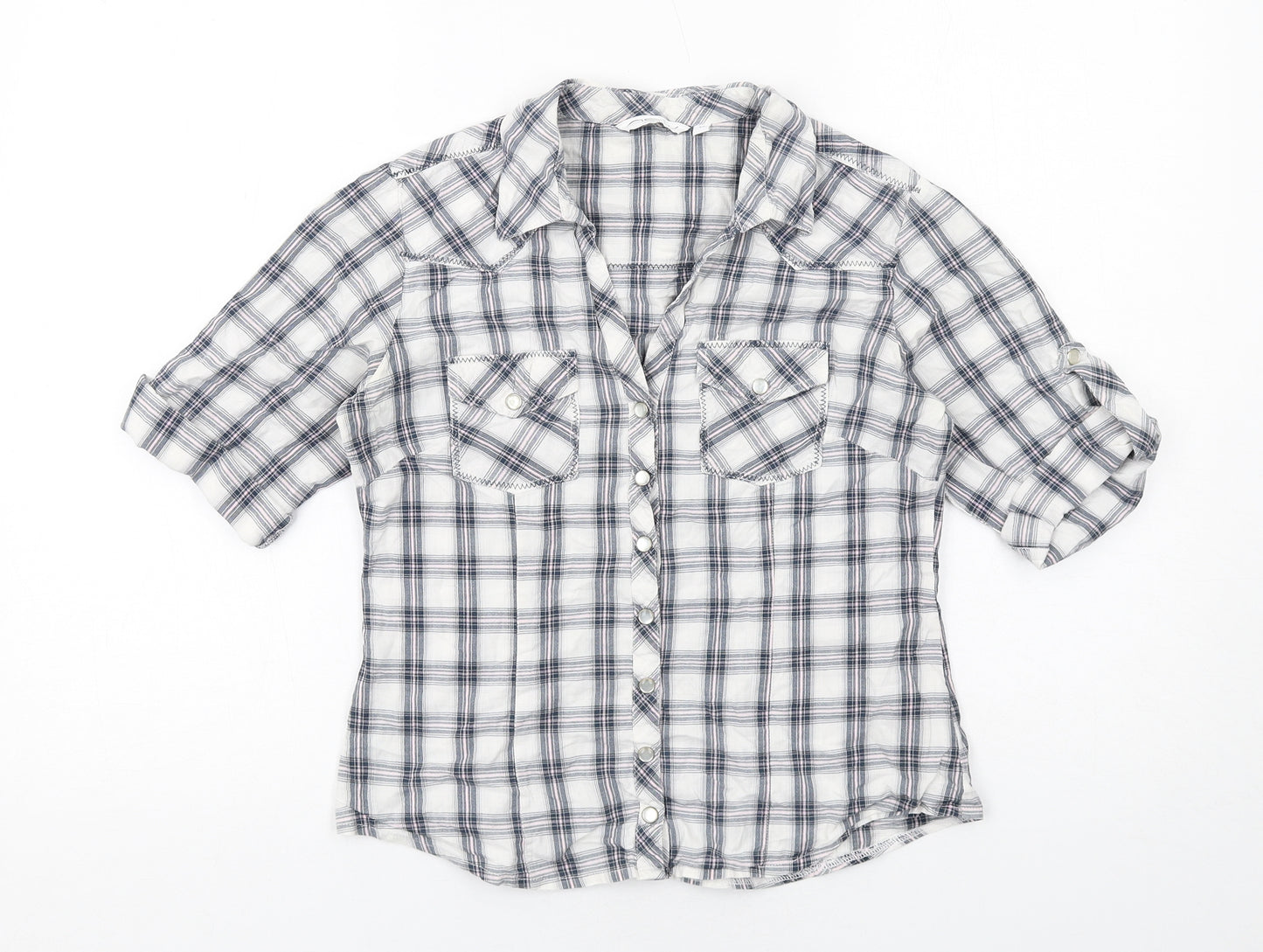 New Look Womens White Plaid Cotton Basic Button-Up Size 12 Collared