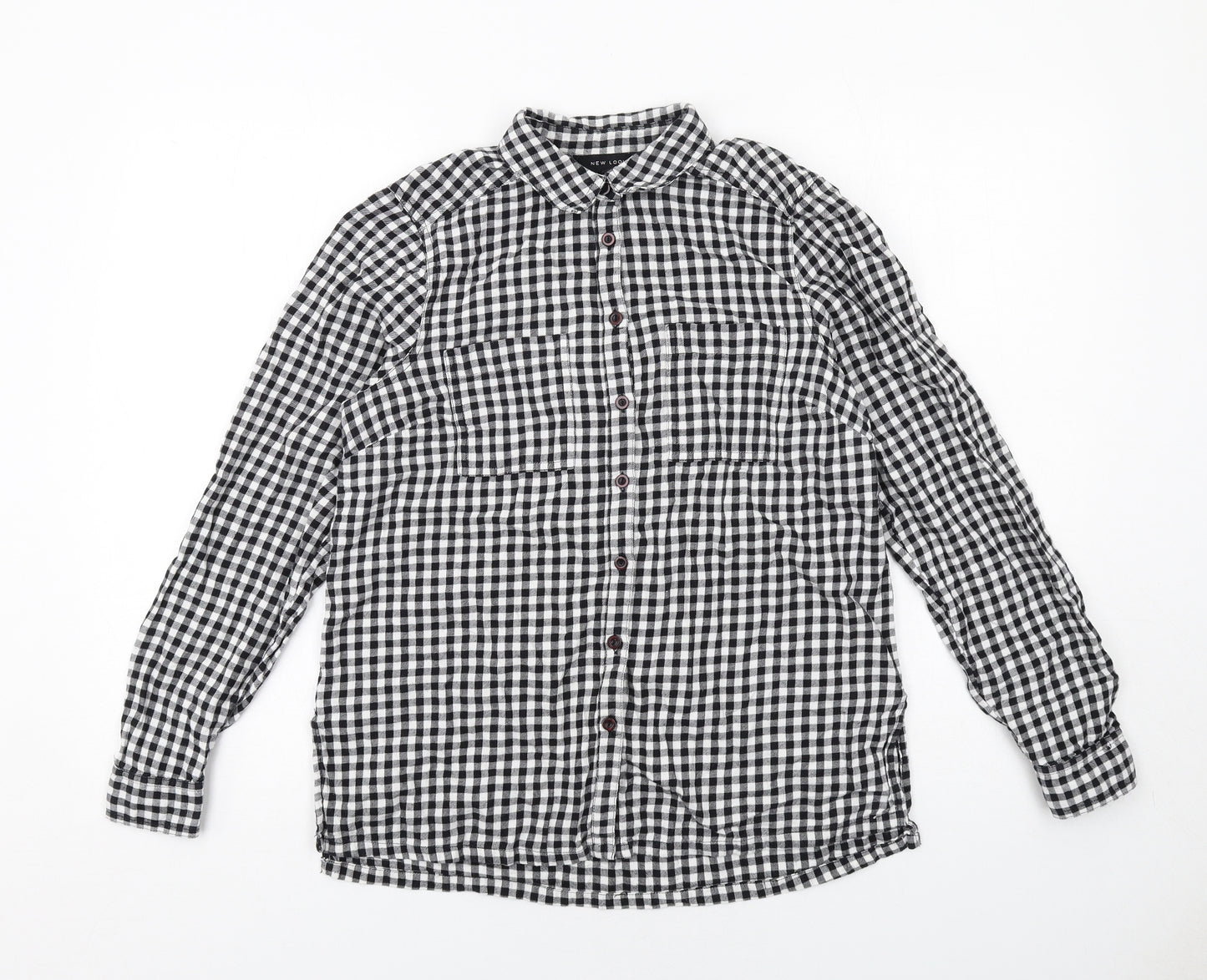 New Look Womens Black Plaid Cotton Basic Button-Up Size 10 Collared
