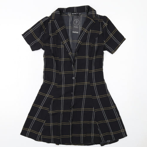 Boohoo Womens Black Striped Polyester Shirt Dress Size 8 Collared Button
