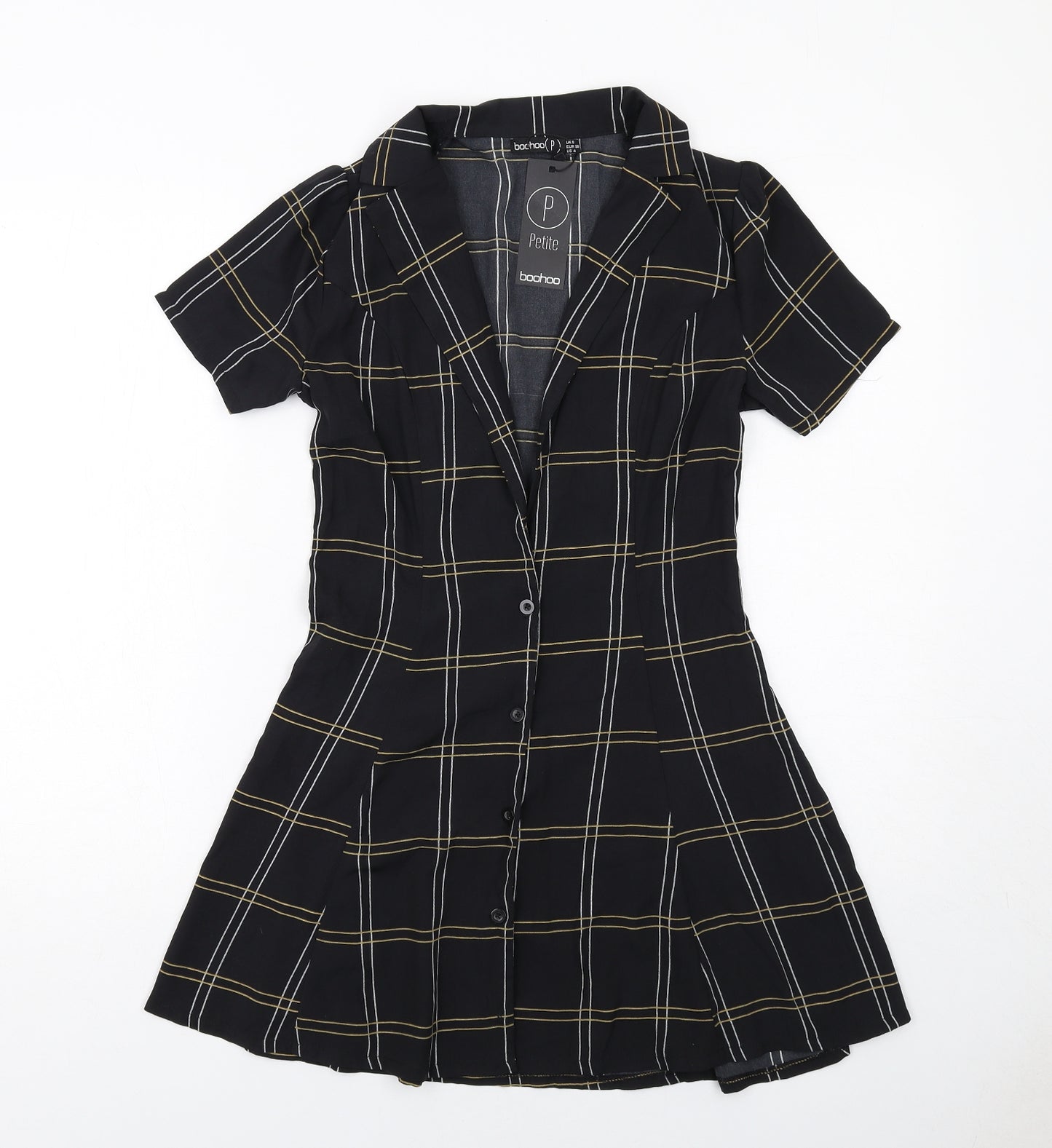 Boohoo Womens Black Striped Polyester Shirt Dress Size 8 Collared Button
