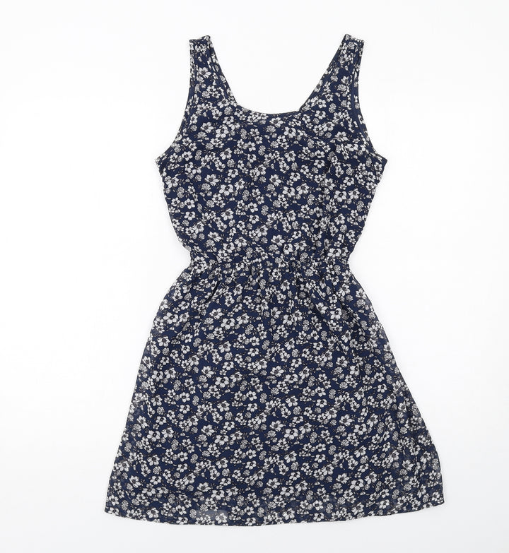 H&M Womens Blue Floral Polyester A-Line Size 10 Round Neck Pullover