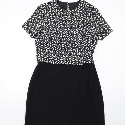 New Look Womens Black Geometric Polyester Shift Size 12 Round Neck Zip