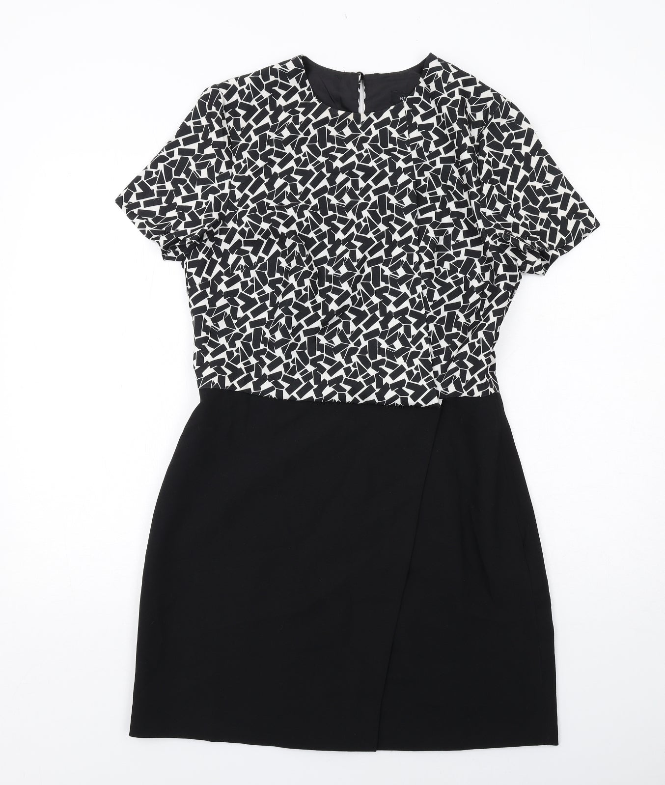 New Look Womens Black Geometric Polyester Shift Size 12 Round Neck Zip