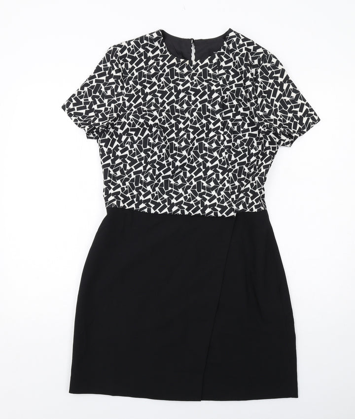 New Look Womens Black Geometric Polyester Shift Size 12 Round Neck Zip