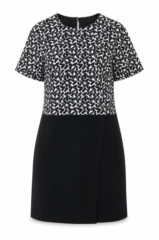 Front view of New Look women’s black geometric polyester shift, size UK 12, round neck zip