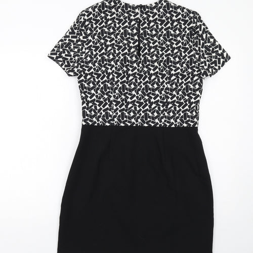 New Look Womens Black Geometric Polyester Shift Size 12 Round Neck Zip