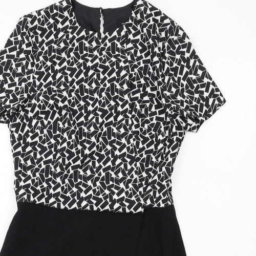 New Look Womens Black Geometric Polyester Shift Size 12 Round Neck Zip