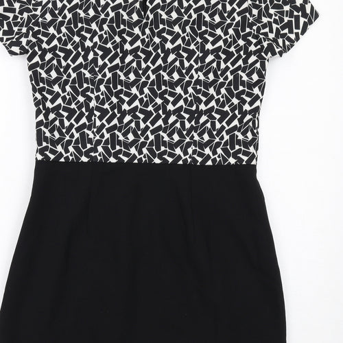 New Look Womens Black Geometric Polyester Shift Size 12 Round Neck Zip
