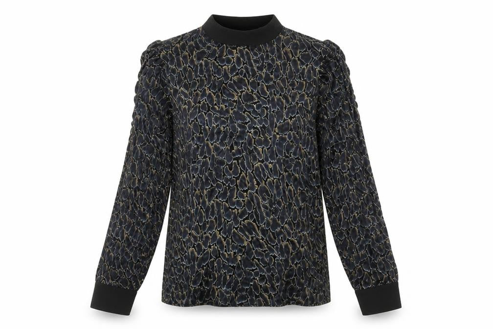 Front view of Per Una women’s black geometric viscose basic blouse, size UK 10, round neck