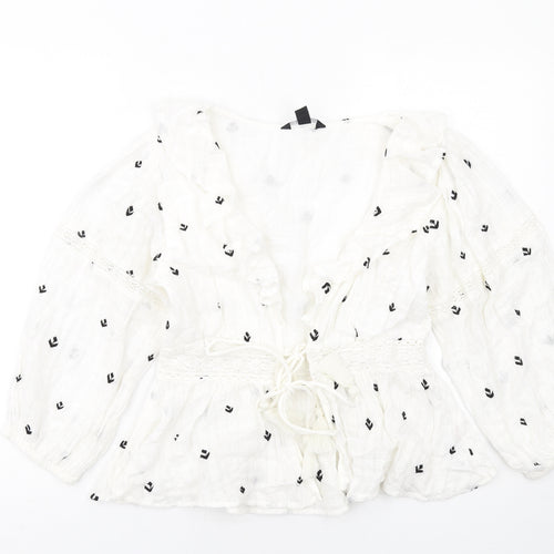 New Look Womens White Geometric Cotton Basic Blouse Size 10 V-Neck - Tie Front