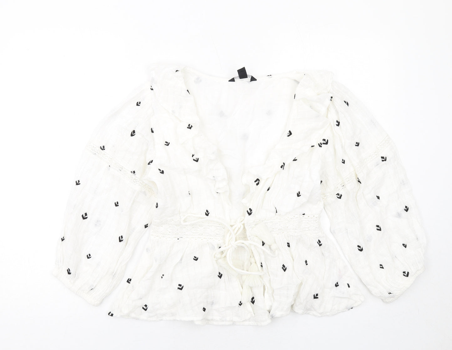 New Look Womens White Geometric Cotton Basic Blouse Size 10 V-Neck - Tie Front