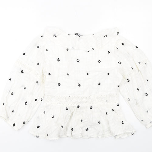 New Look Womens White Geometric Cotton Basic Blouse Size 10 V-Neck - Tie Front